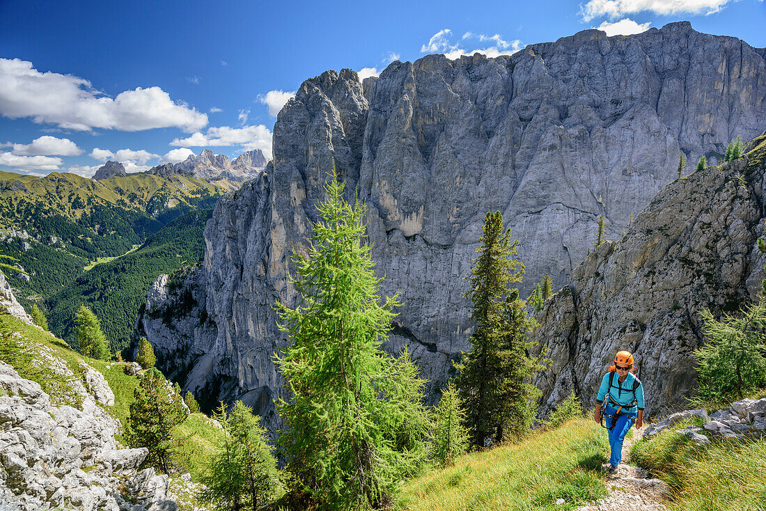 Woman hiking ascending towards Sas Aut, fixed rope route Gadotti, Vallaccia range, Marmolada, Dolomites, UNESCO World Heritage Dolomites, Trentino, Italy