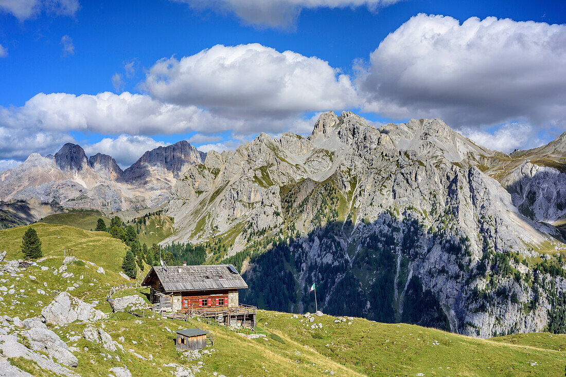 Hut Rifugio Vallaccia with Marmolada range in background, Vallaccia, Vallaccia range, Marmolada, Dolomites, UNESCO World Heritage Dolomites, Trentino, Italy