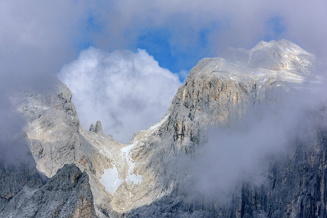 Clouds above Passo del Travignolo with Il Nuvolo, from hut Rifugio Rosetta, Pala range, Dolomites, UNESCO World Heritage Dolomites, Trentino, Italy