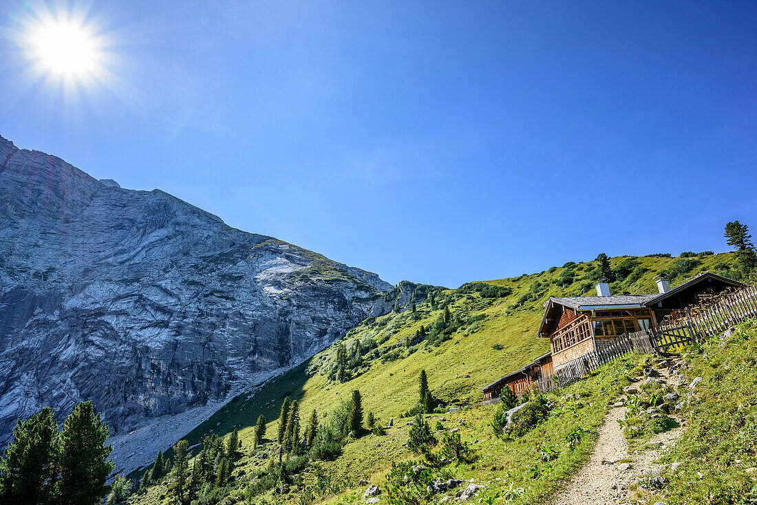 Path leading towards alpine hut at Schachen, Schachen, Wetterstein range, Werdenfelser Land, Upper Bavaria, Bavaria, Germany