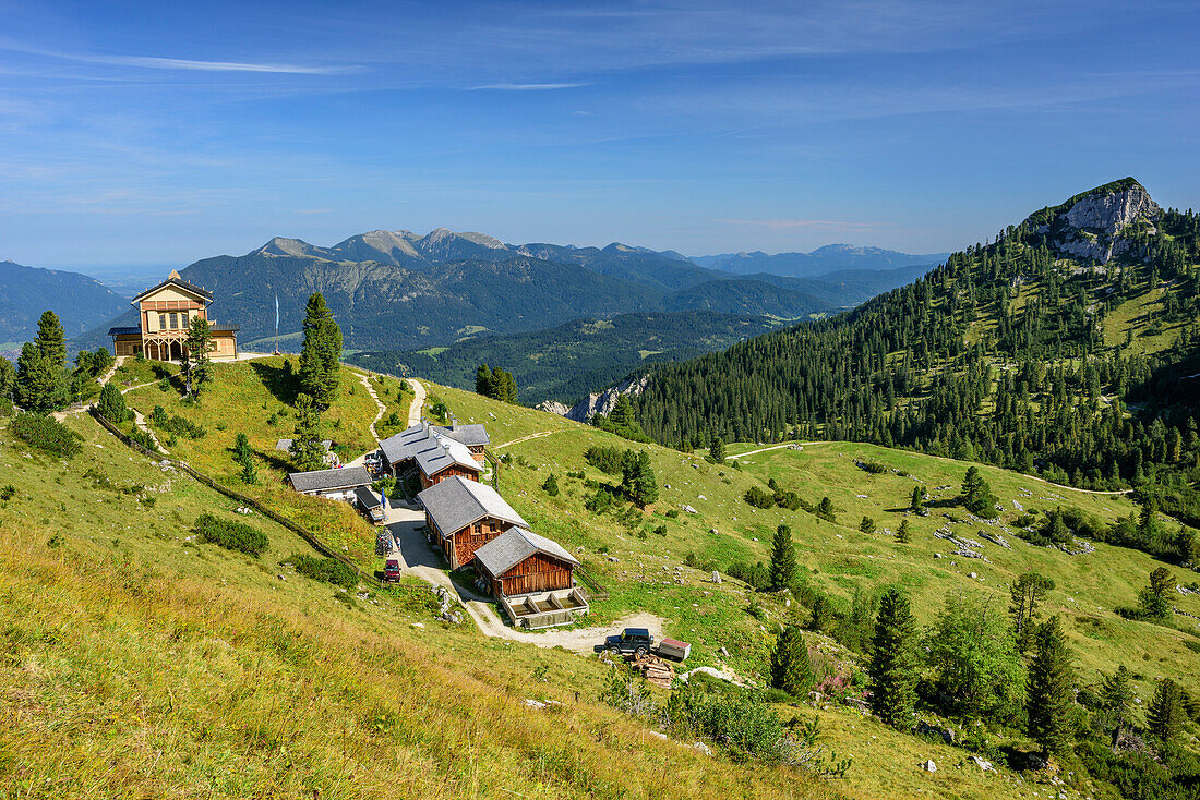 Koenigshaus at Schachen and alpine hut with Wank and Krottenkopf in background, Schachen, Wetterstein range, Werdenfelser Land, Upper Bavaria, Bavaria, Germany