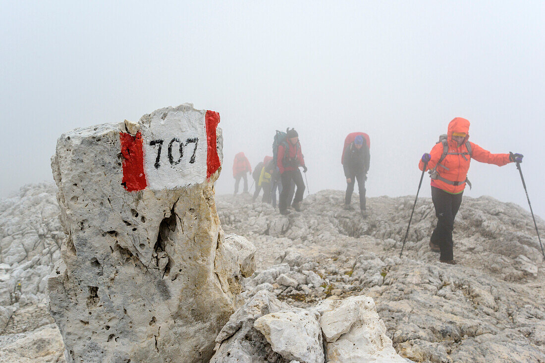 Several persons hiking through fog, way marker in foreground, Pala range, Dolomites, UNESCO World Heritage Dolomites, Trentino, Italy