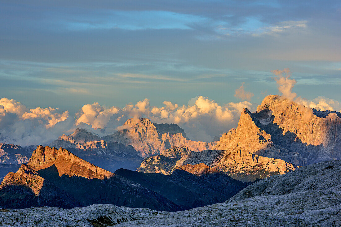 Sorapiss and Civetta, from hut Rifugio Rosetta, Pala range, Dolomites, UNESCO World Heritage Dolomites, Trentino, Italy