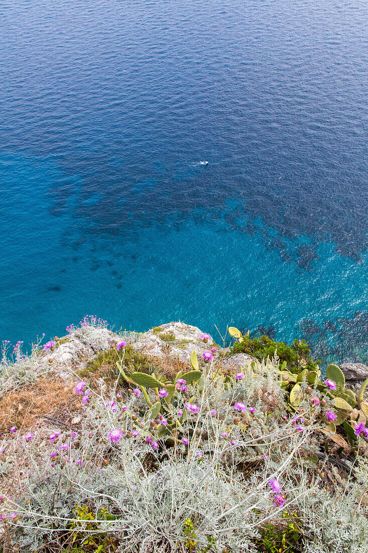 Blau, blaues Wasser, Insel Capri, Aussicht, Bucht, Küste, Berge, Golf von Neapel, Kampanischer Archipel, Mittelmeer, Urlaub, Tourismus, Romantik, malerisch, Insel, Italien