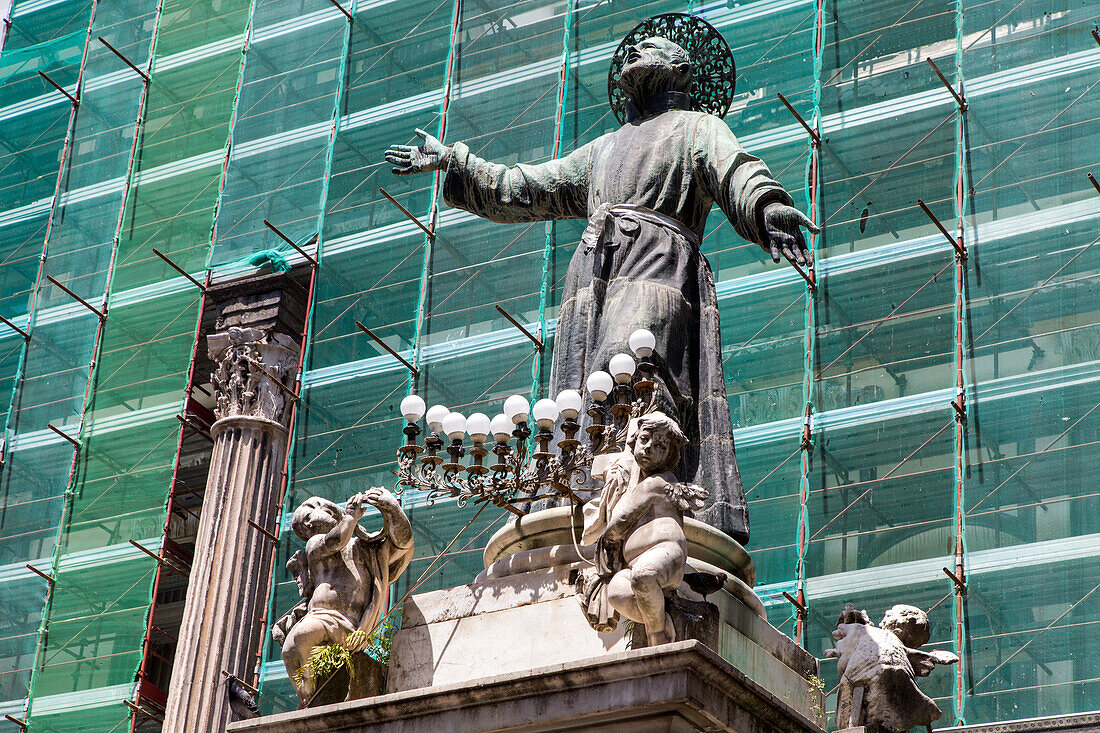 scaffolding, construction site, church San Paolo Maggiore, statue, Saint Paul, old town, Naples, Italy