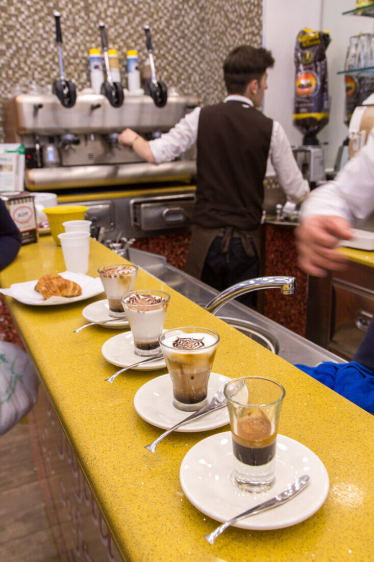row of espresso glasses, coffee bar, café, bar, counter, espresso, Naples, Napoli, Campania, Italy
