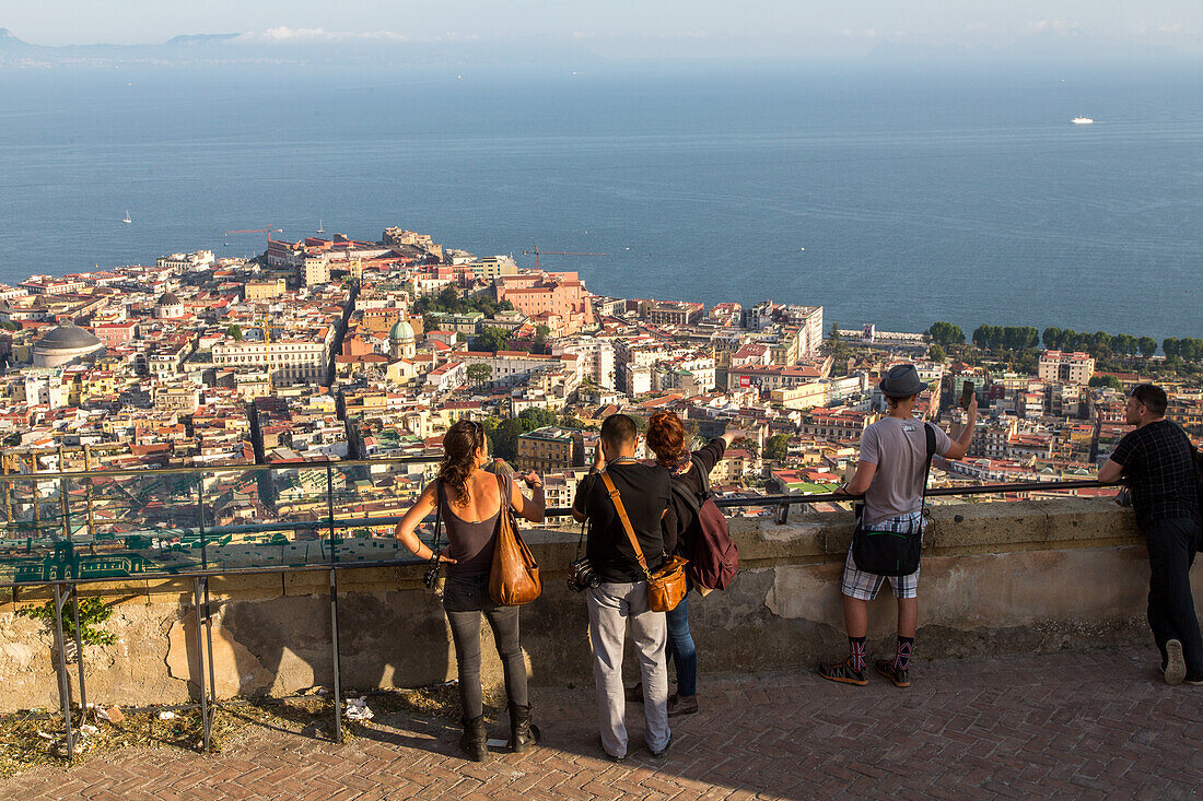 tourist, ocean, view above Naples, old town, panorama, from, Castel Sant'Elmo, villa, roof terrace, Campania, Naples, Napoli, Italy