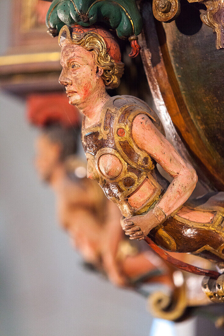 Market Church St Cosmos and Damian Goslar, carved figures on church pulpit, Lower Saxony, Germany