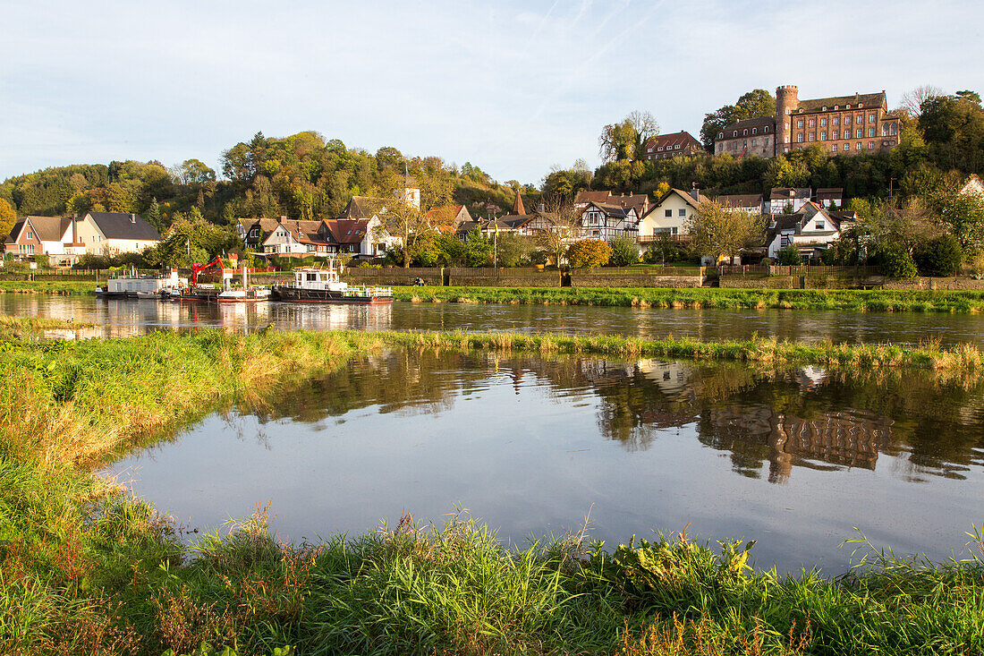 village at Weser River, afternoon, Lower Saxony, Germany