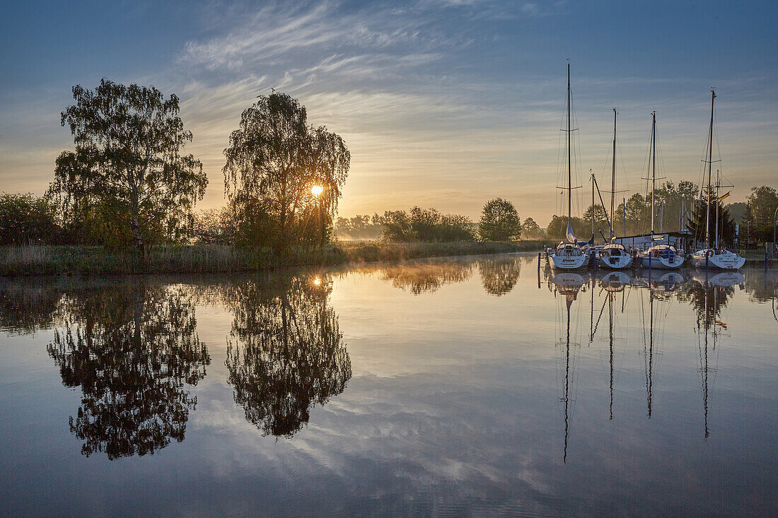 Sunrise at the river Uecker, Ueckermuende, Mecklenburg Western Pomerania, Germany