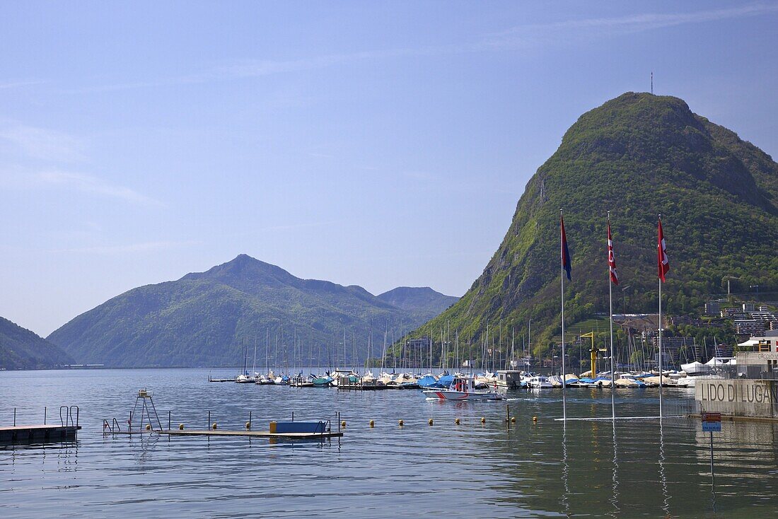 View of Monte San Salvador from the Lido, Lugano, Lake Lugano, Ticino, Switzerland, Europe