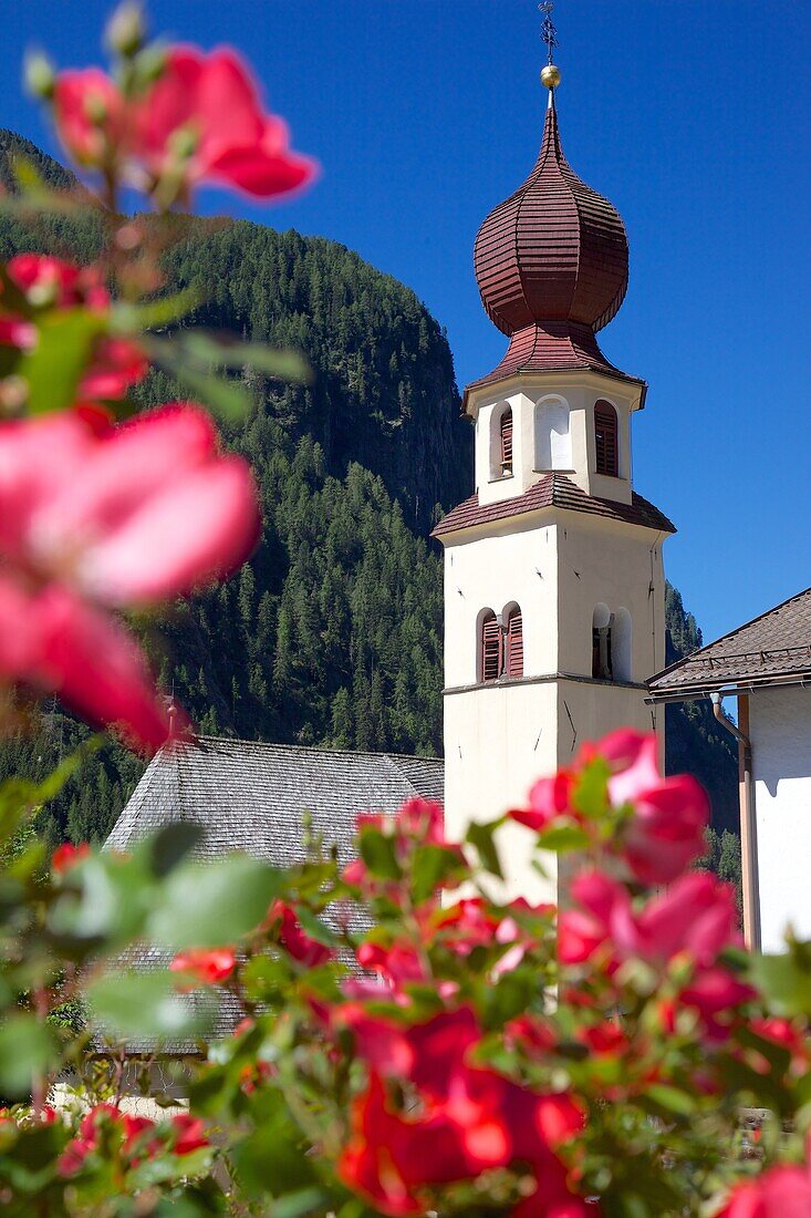 View to church, Canazei, Val di Fassa, Trentino-Alto Adige, Italy, Europe