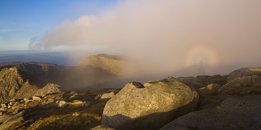 Brocken Spectre on the summit of Goat Fell, Isle of Arran, Scotland, United Kingdom, Europe