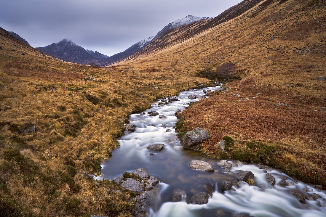 Glen Rosa Water, with Cir Mhor and Goat Fell peaks ahead, Isle of Arran, Scotland, United Kingdom, Europe