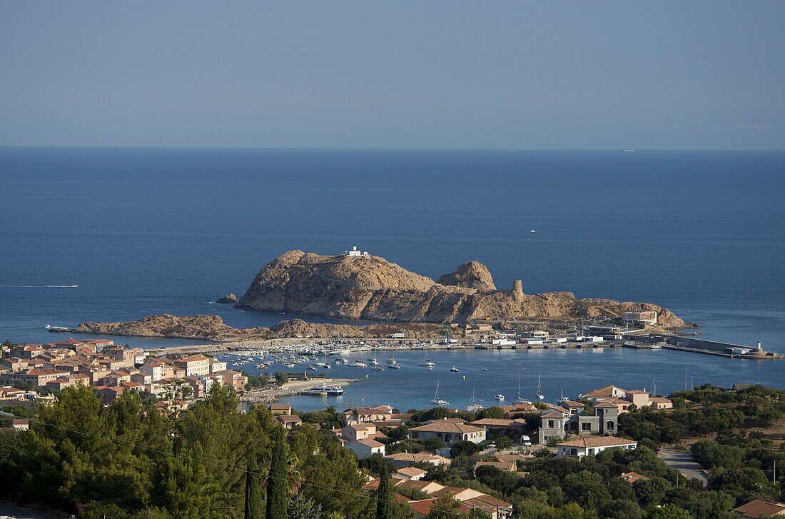 An aerial view of the town of L'Ile Rousse in the Haute-Balagne region of Corsica, France, Mediterranean, Europe