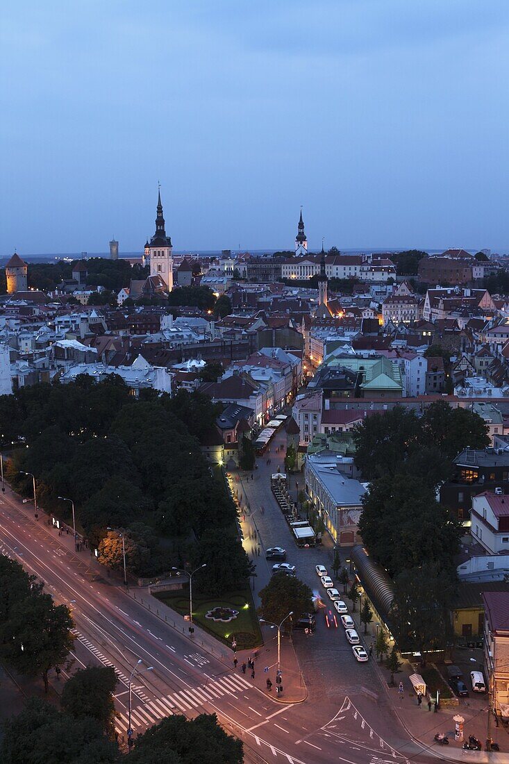 Dusk over the city centre and Old Town, UNESCO World Heritage Site, Tallinn, Estonia, Europe