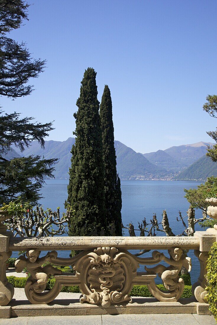 View from the terrace of 18th Century Villa del Balbianello  in spring sunshine, Lenno, Lake Como, Italian Lakes, Italy, Europe