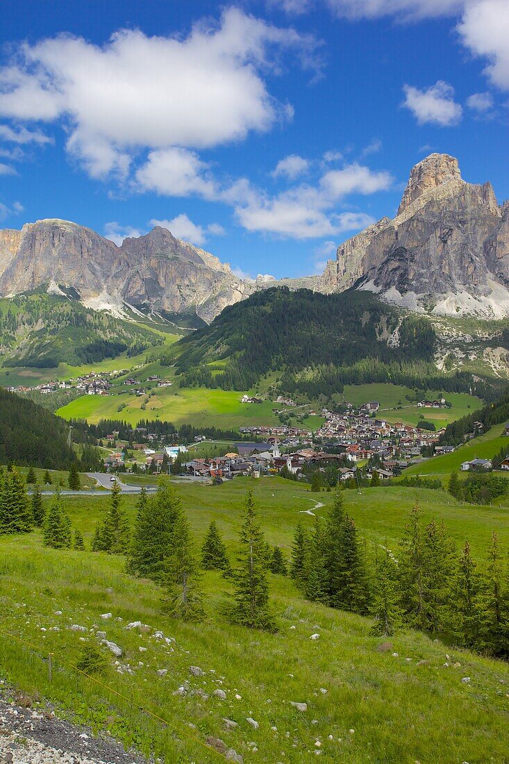 Corvara and Sass Songher Mountain, Badia Valley, Bolzano Province, Trentino-Alto Adige/South Tyrol, Italian Dolomites, Italy, Europe