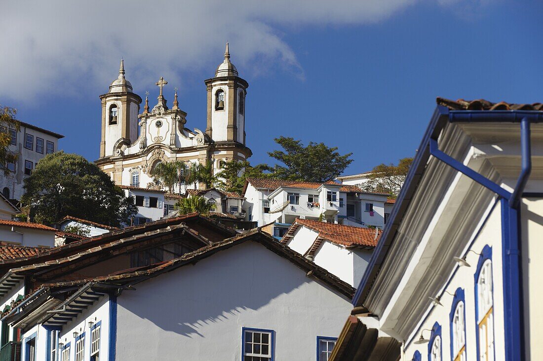 View of colonial buildings and Nossa Senhora do Carmo (Our Lady of Mount Carmel) Church, Ouro Preto, UNESCO World Heritage Site, Minas Gerais, Brazil, South America