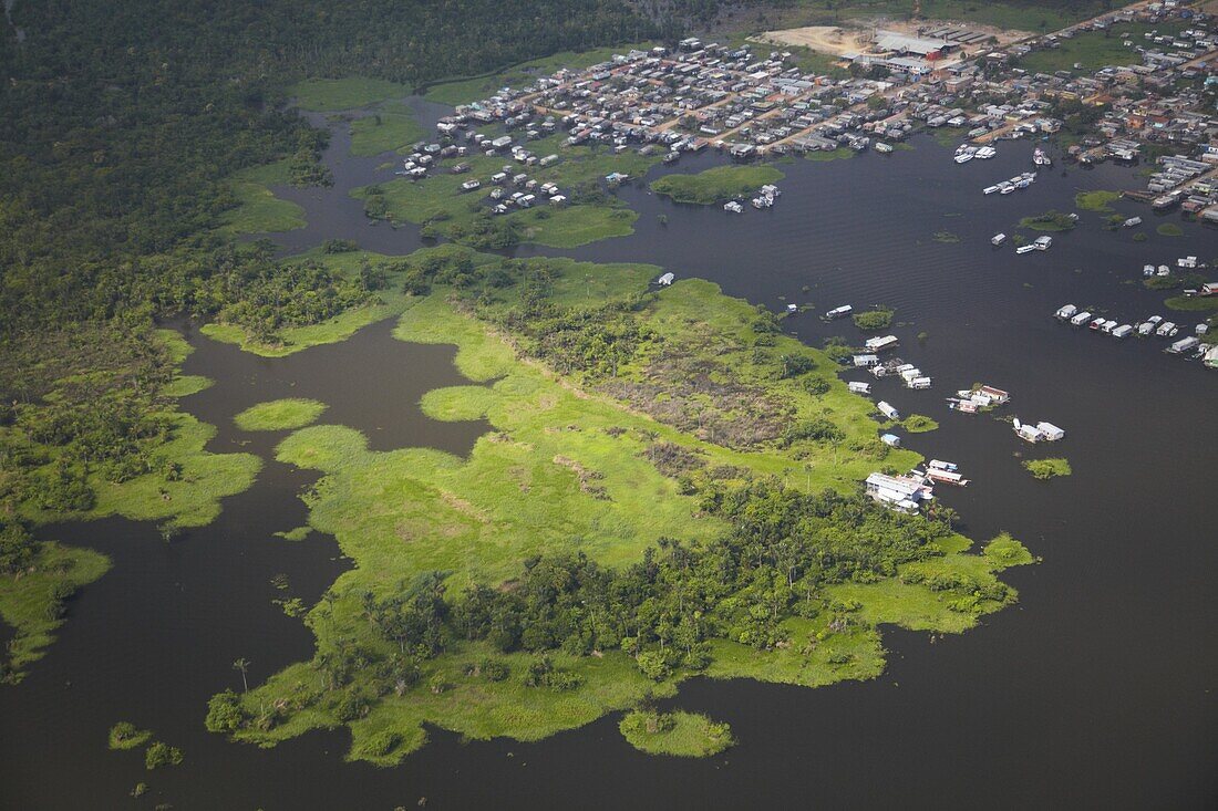 Aerial view of stilt houses along Rio Negro, Manaus, Amazonas, Brazil, South America