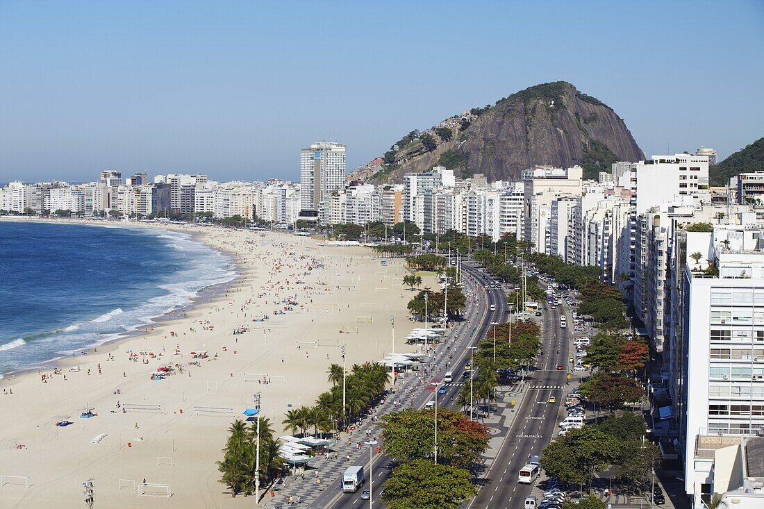 View of Copacabana beach and Avenida Atlantica, Copacabana, Rio de Janeiro, Brazil, South America