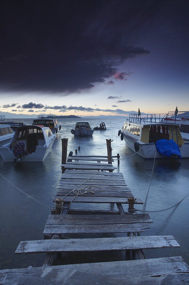 Pier on Isla del Sol (Island of the Sun) at dawn, Lake Titicaca, Bolivia, South America