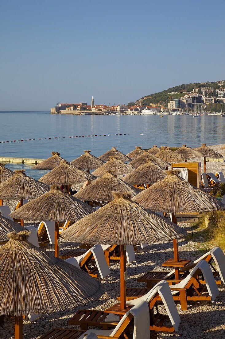 View of Budva Old Town and Beach, Budva Bay, Montenegro, Europe