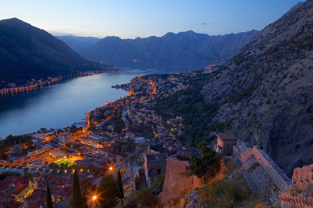 View of Bay of Kotor from Fortress at dusk, Kotor, UNESCO World Heritage Site, Montenegro, Europe