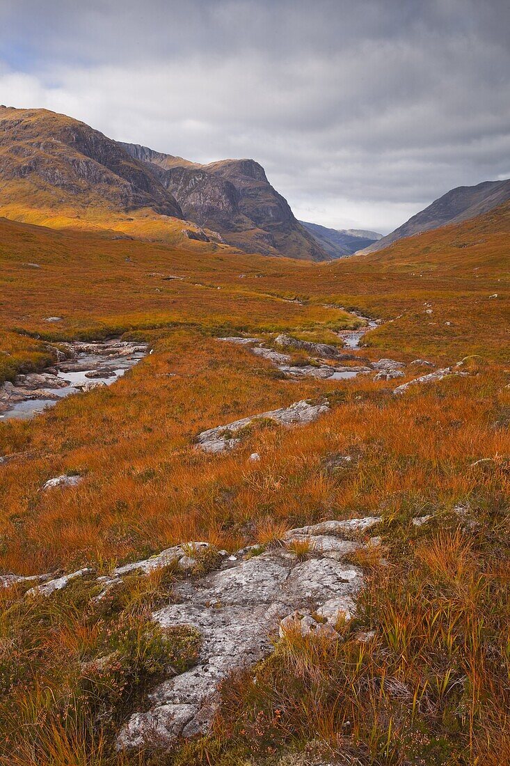 Looking towards the Three Sisters in the Pass of Glen Coe, Scotland, United Kingdom, Europe