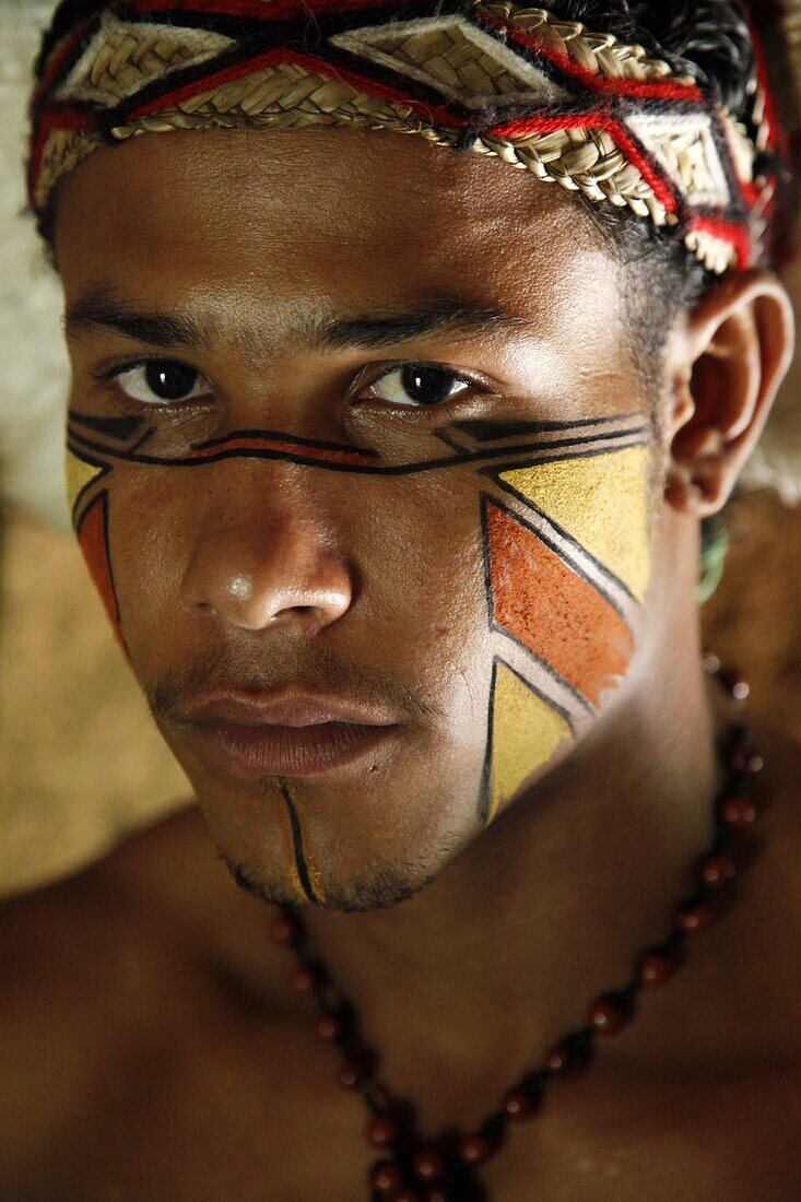 Portrait of a Pataxo Indian man at the Reserva Indigena da Jaqueira near Porto Seguro, Bahia, Brazil, South America