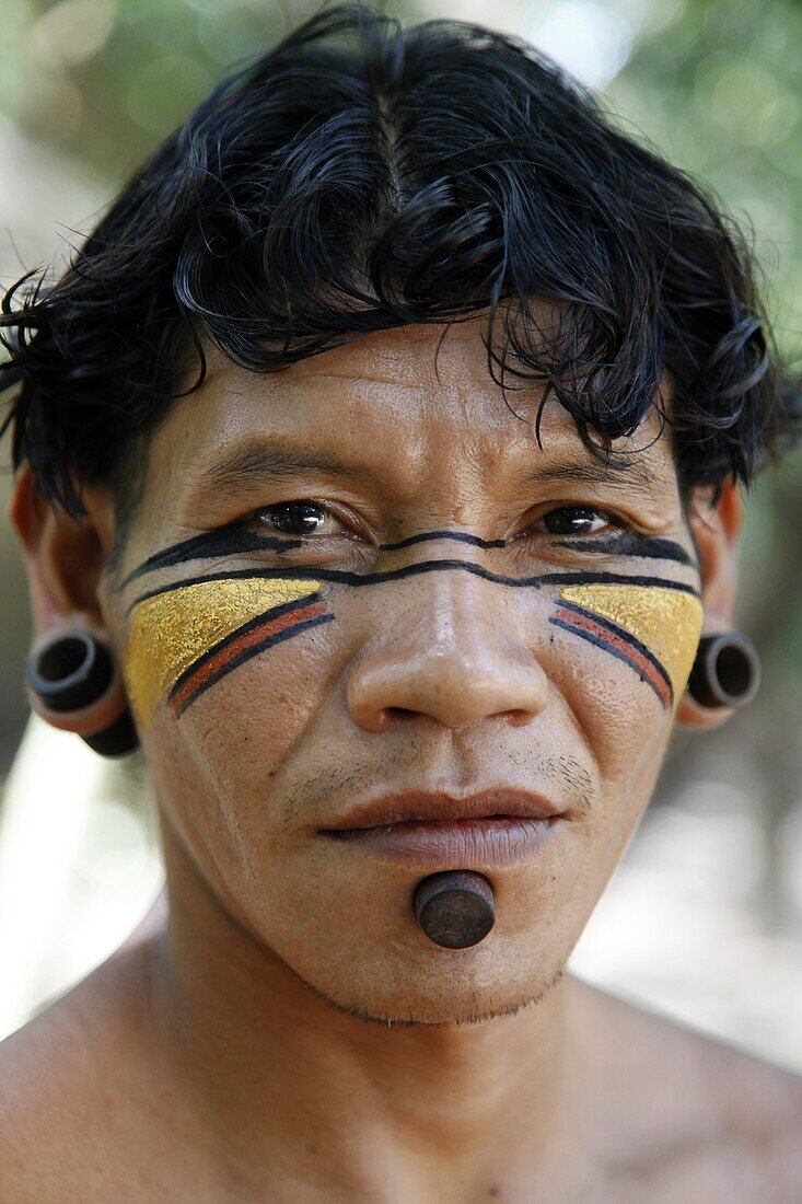 Portrait of a Pataxo Indian man at the Reserva Indigena da Jaqueira near Porto Seguro, Bahia, Brazil, South America