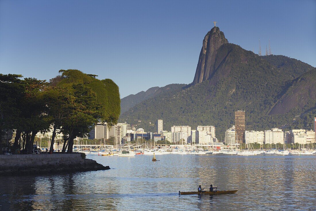 Christ the Redeemer statue atop Corvocado and Botafogo Bay, Rio de Janeiro, Brazil, South America