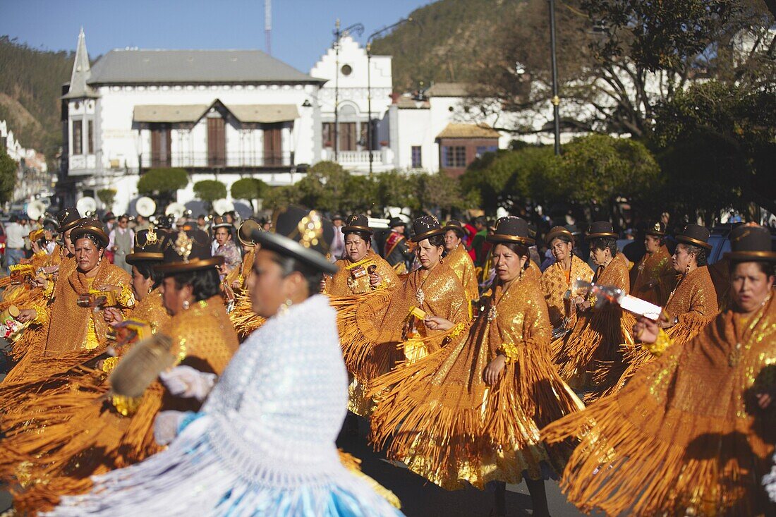 Women dancing in festival in Plaza 25 de Mayo, Sucre, UNESCO World Heritage Site, Bolivia, South America