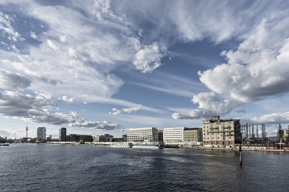 Panoramic View from Oberbaum Bridge to Friedrichshain,  Alex TV Tower,  River Spree