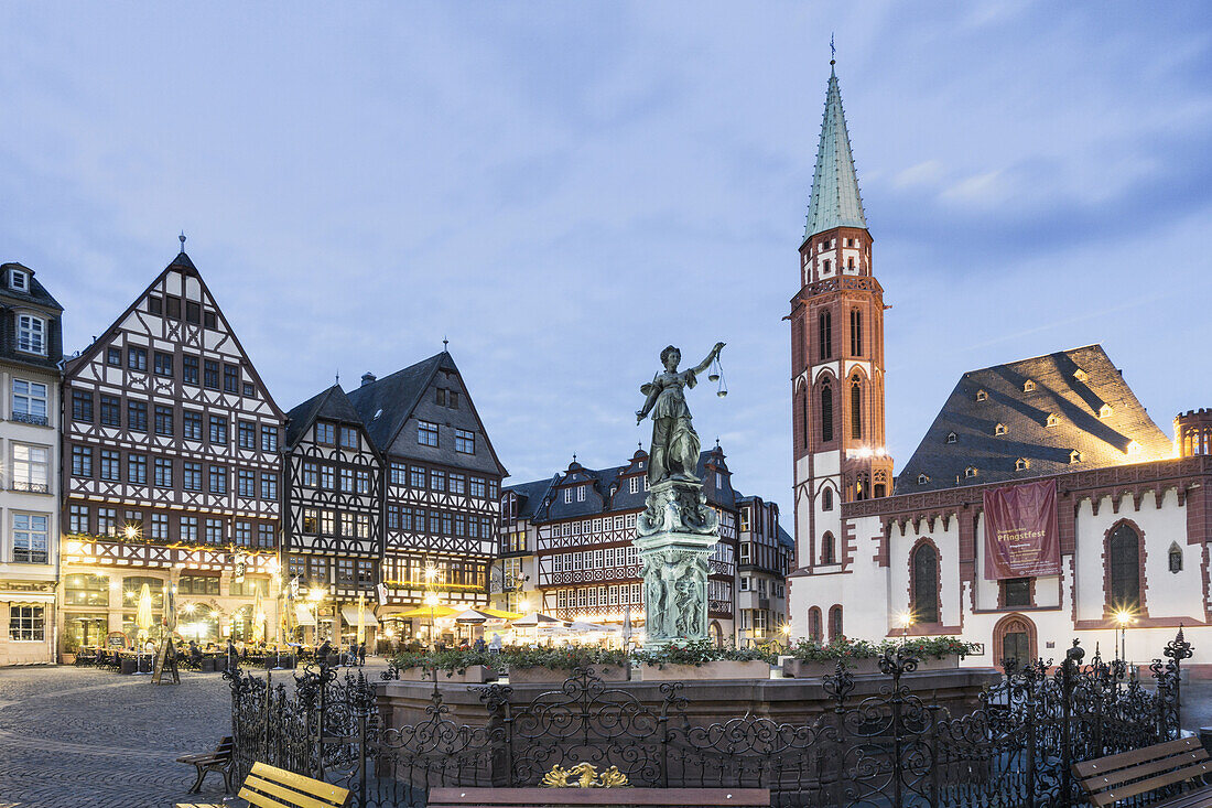 Justitia,  Fountain of Justice,  Restaurants,  Cafes, Roemerberg Frankfurt Germany