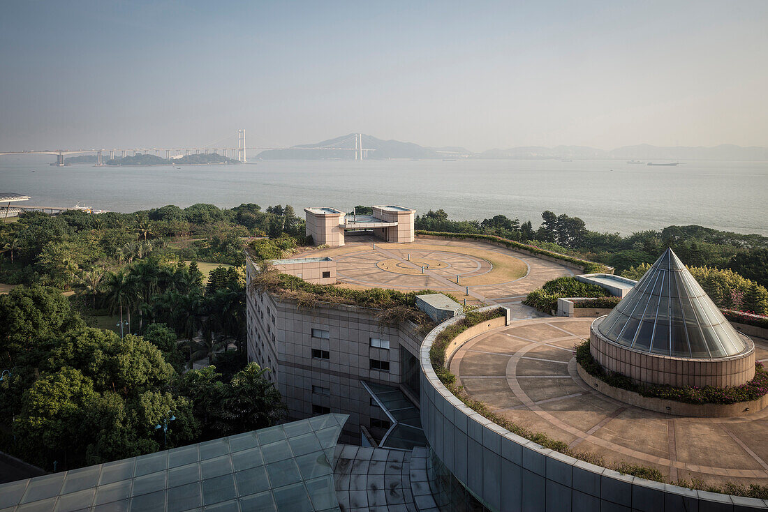 Blick über Hotel Komplex in das Perlfluss Delta, Nansha, Guangzhou, Guangdong Provinz, Perlfluss Delta, China