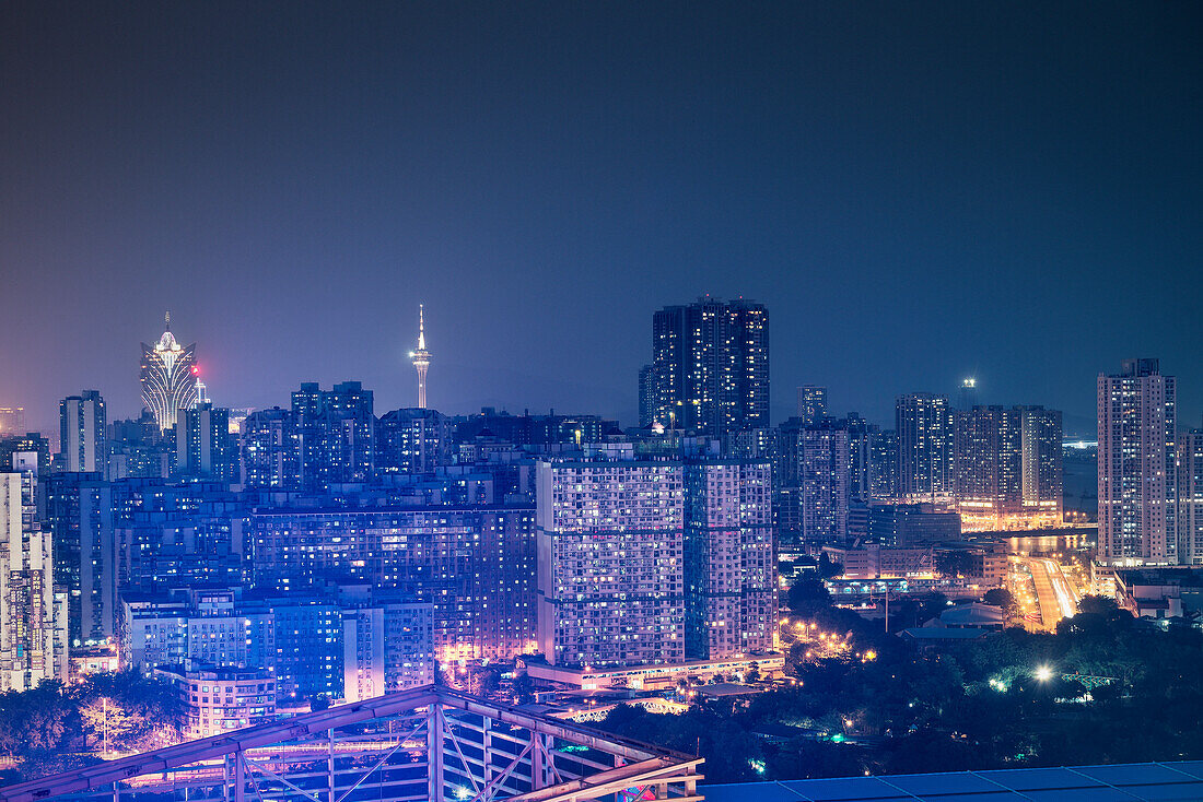 view towards the night skyline of Macao from Zhuhai, Guangdong province, China