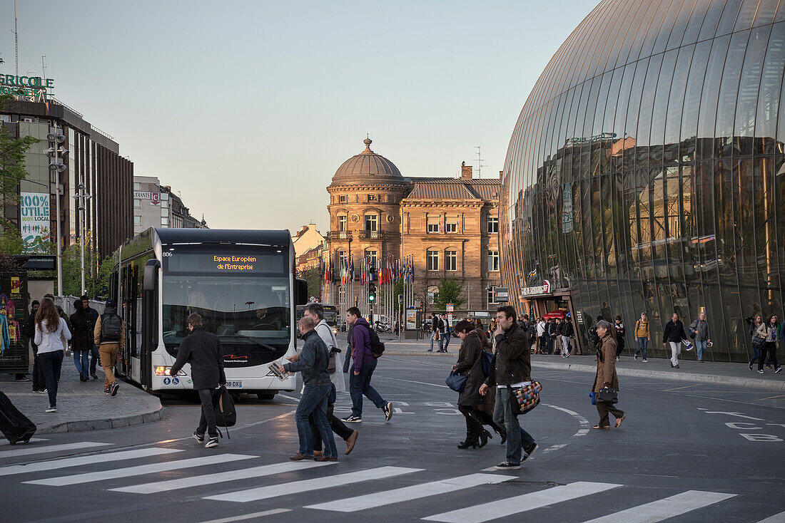 pedestrians at central station, Strasbourg, Alsace, France