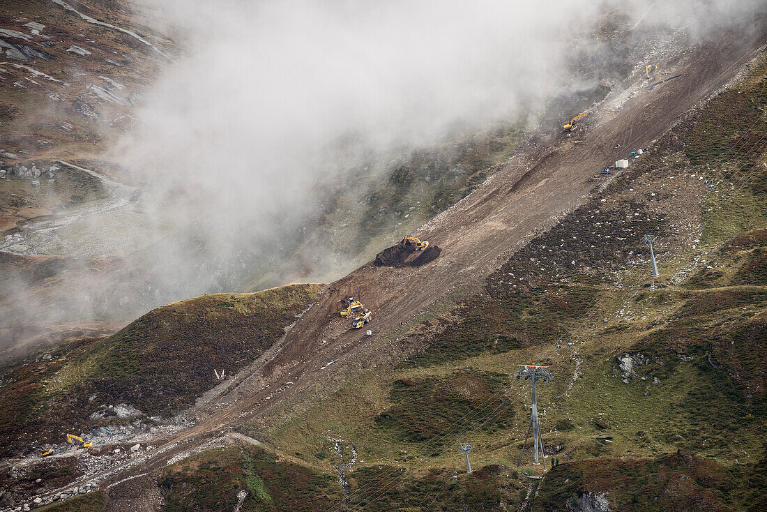 Constructions with heavy load machinery near the Hintertux Glacier, Zillertal, Tyrol, Austria, Alps