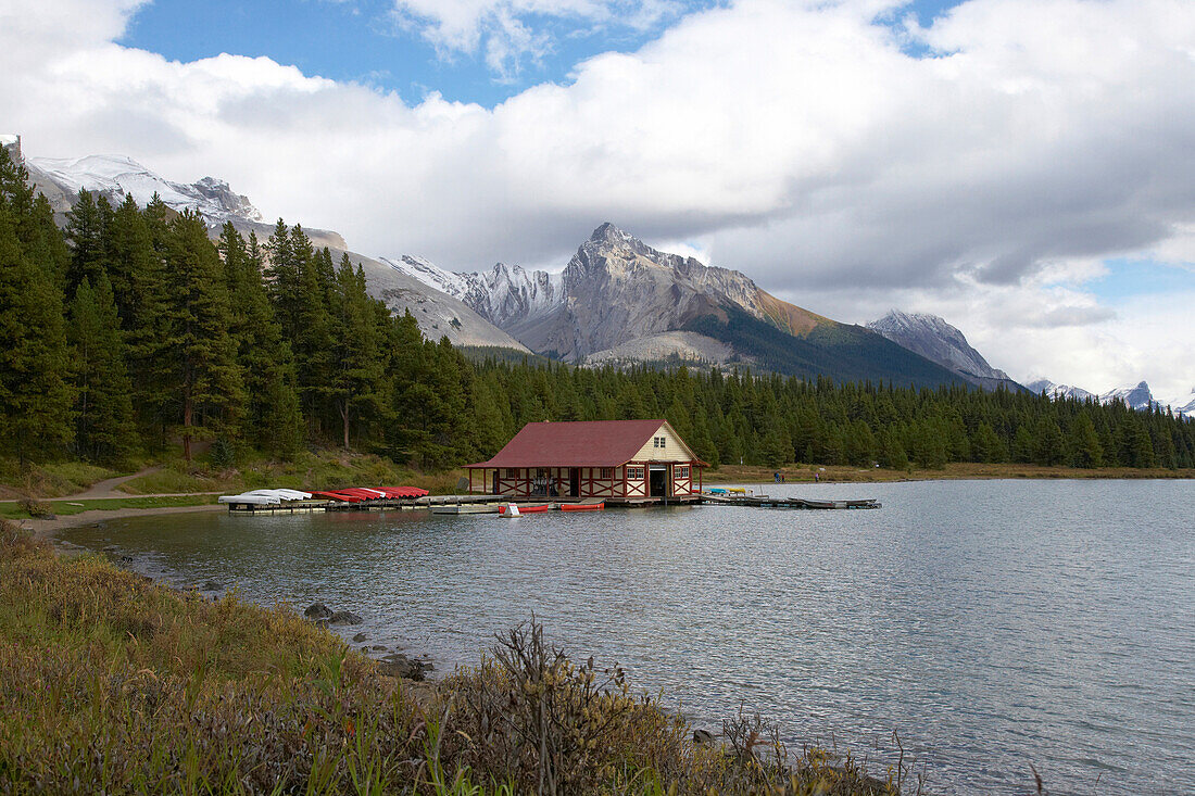 Boathouse at Maligne Lake, Jasper National Park, Rocky Mountains, Alberta, Canada