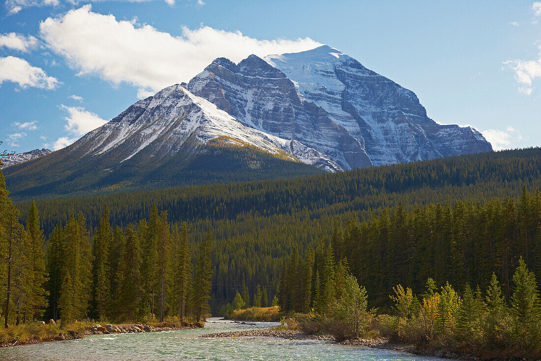 View along Bow River at Mount Temple, Banff National Park, Rocky Mountains, Alberta, Canada