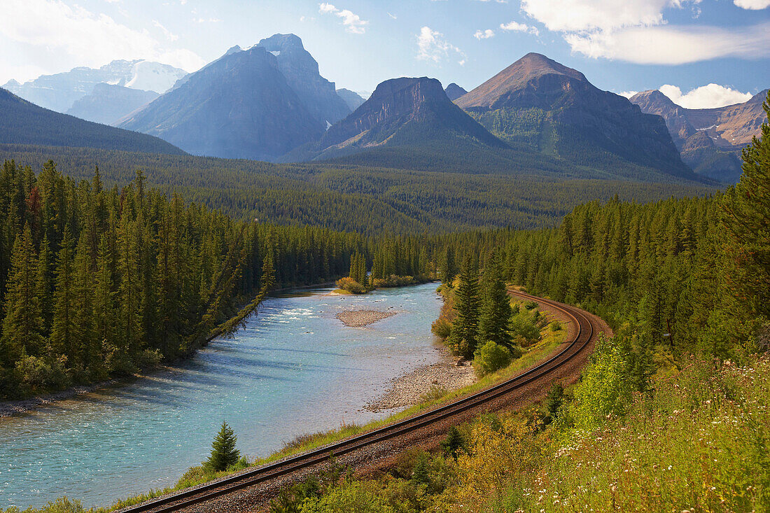 Railway along Bow River, Banff National Park, Rocky Mountains, Alberta, Canada