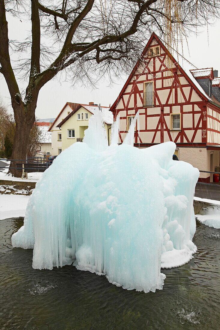 Gefrorener Springbrunnen im Dorfweiher von Kolitzheim