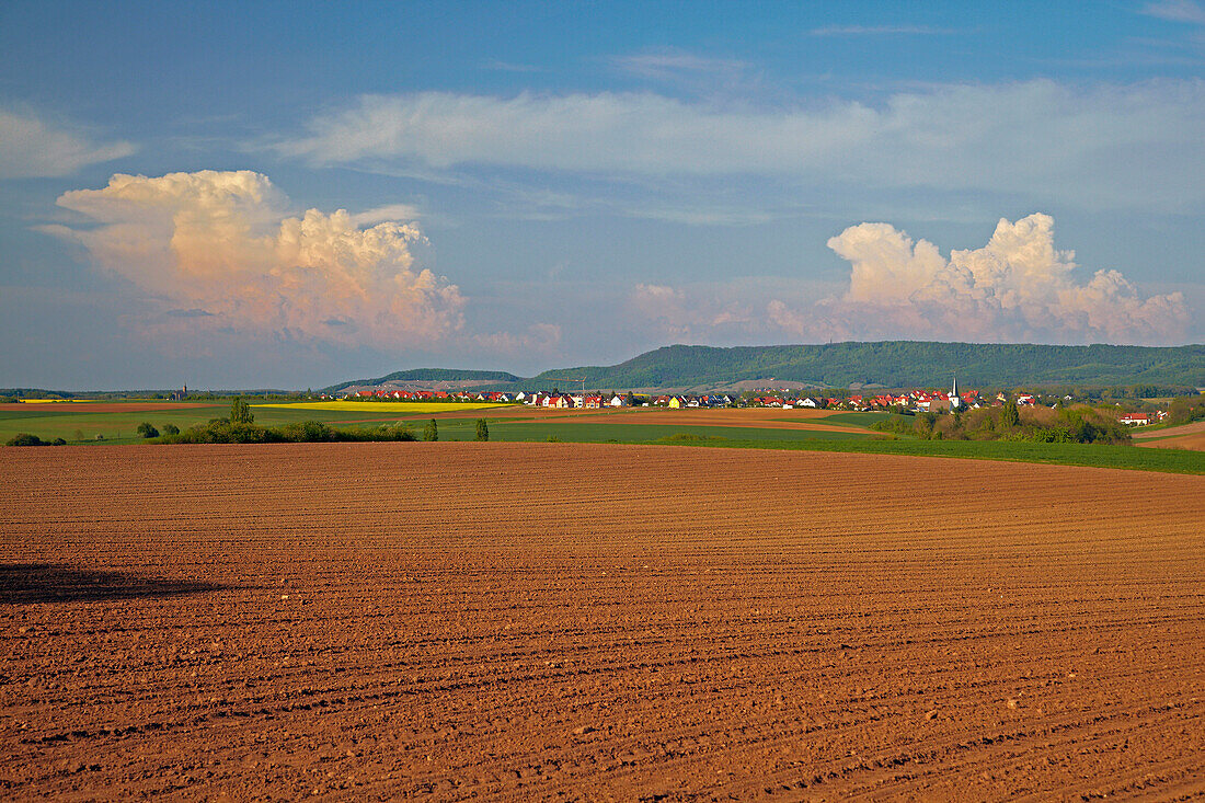 View across fields at Dingolshausen, Cloud, Spring, Unterfranken, Bavaria, Germany, Europe