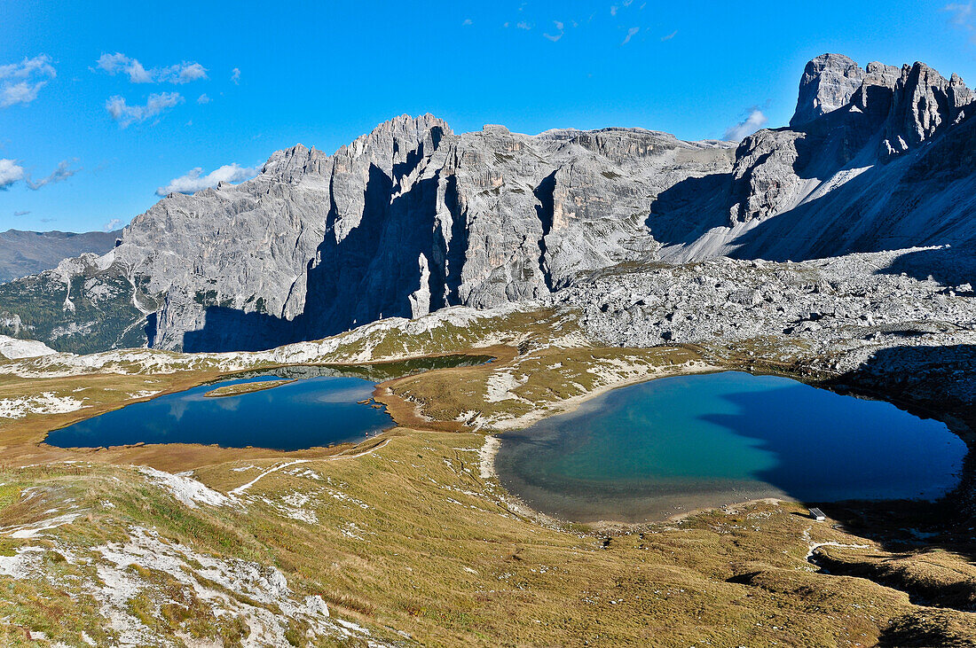 Lakes Zinnenseen beneath Paternkofel, Val Pusteria Valley, Sesto, Dolomites, South Tyrol, Veneto, Alto Adige, Three Peaks (Tre Cime di Lavaredo) Nature Park, UNESCO world heritage side, Italy, European Alps, Europe