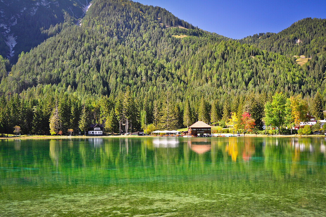 Toblacher See (Lago di Dobbiaco) in autumn,  Nature Park Fanes-Sennes-Braies, Val Pusteria Valley, Sesto, Dolomites, South Tyrol, Veneto, Alto Adige, UNESCO world heritage side, Italy, European Alps, Europe