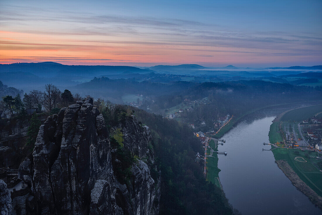 Sunrise over Elbe river from Bastei rock towards Wehlen, Pirna and rock formations, Rathen, Elbe Valley, Elbe Sandstone Mountains, Saxon Switzerland, Saxony, Germany