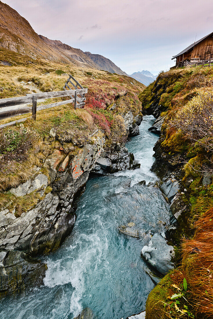 river Alpeiner Bach in autumn, view towards Stubai valley near Franz Senn hut, Hinteres Oberbergtal, Stubai Alps, Tyrol, Austria, European Alps, Europe