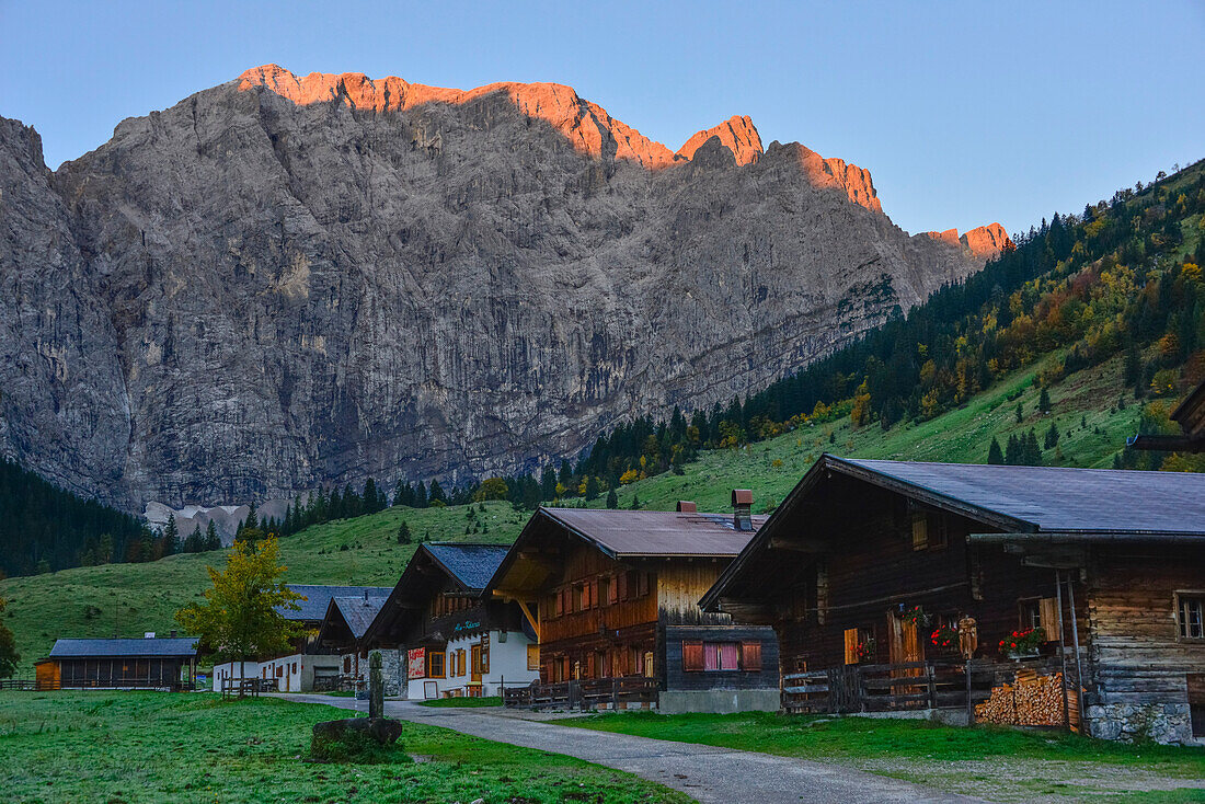 Almdorf Eng mit traditionellen Holzhäusern im Herbst, Blick auf Laliderer Wände im Alpenglühen, Engalm, Großer Ahornboden, Hinterriß, Engtal, Nördliche Kalkalpen, Karwendel Gebirge, Tirol, Österreich, Alpen, Europa