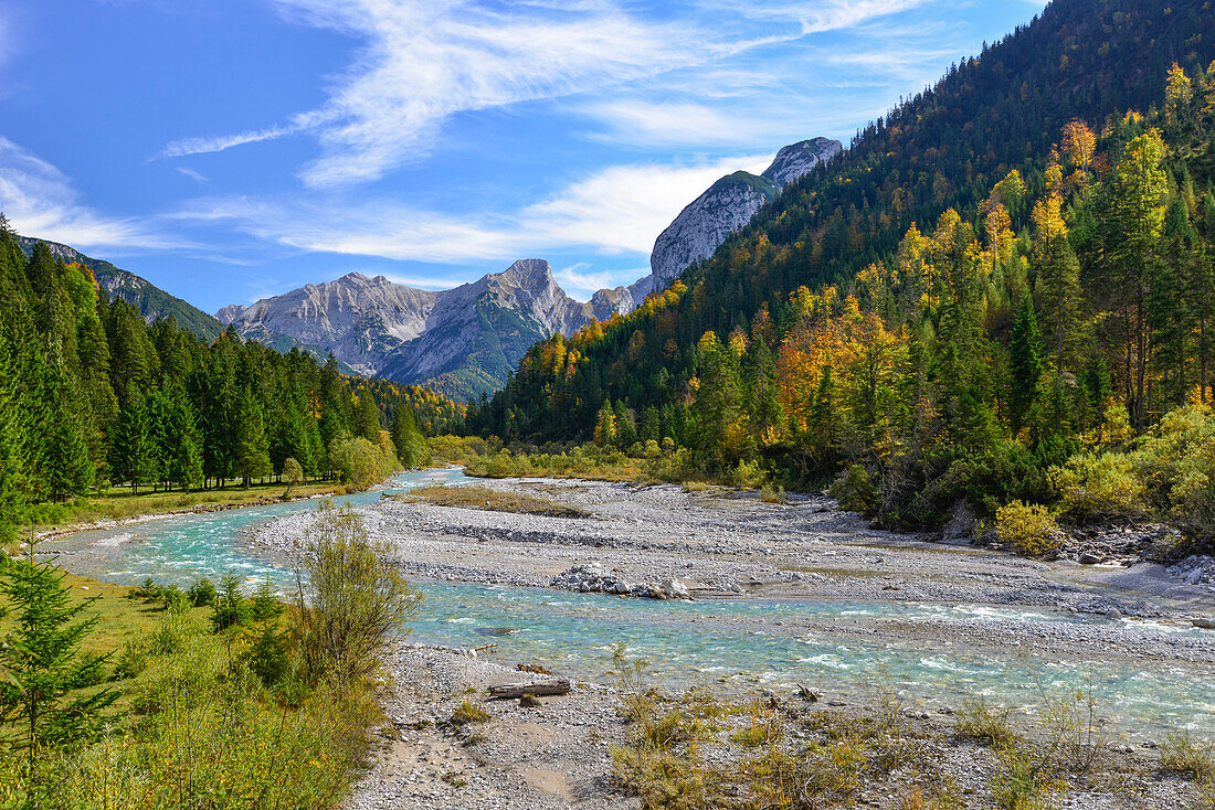 autumn colors at river Rißbach with view to Laliderer Wände, Großer Ahornboden, Hinterriß, Engtal valley, Northern limestone alps, Karwendel Mountains, Tyrol, Austria, European Alps, Europe